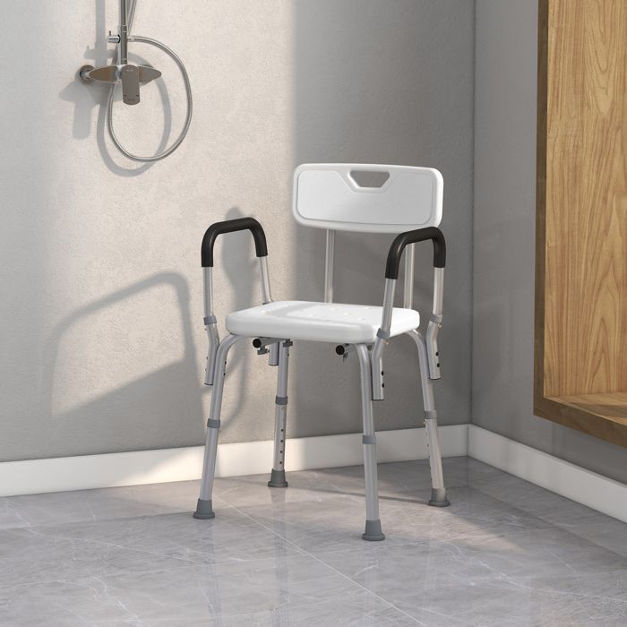 Silla de ducha - HOMCOM - altura regulable, patas antideslizantes, respaldo y reposabrazos extraíbles - aluminio HDPE - blanca