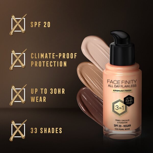„Max Factor Facefinity All Day Flawless C35 Pearl Beige“ makiažo pagrindas, 30 ml