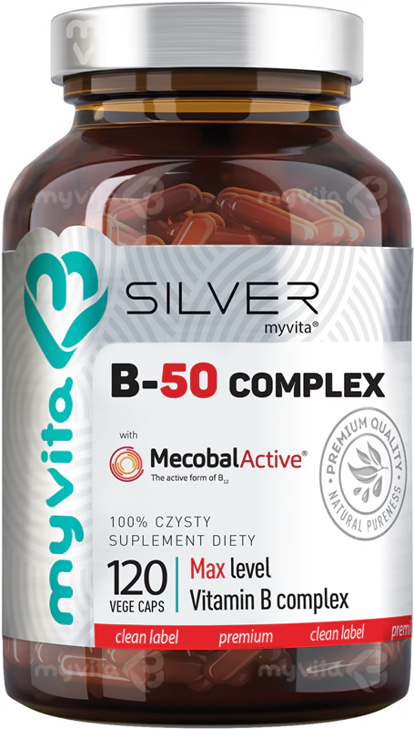 Cápsulas de suplemento alimentar MyVita Silver Vitamin B-50 Complex para auxiliar na saúde do sistema nervoso.