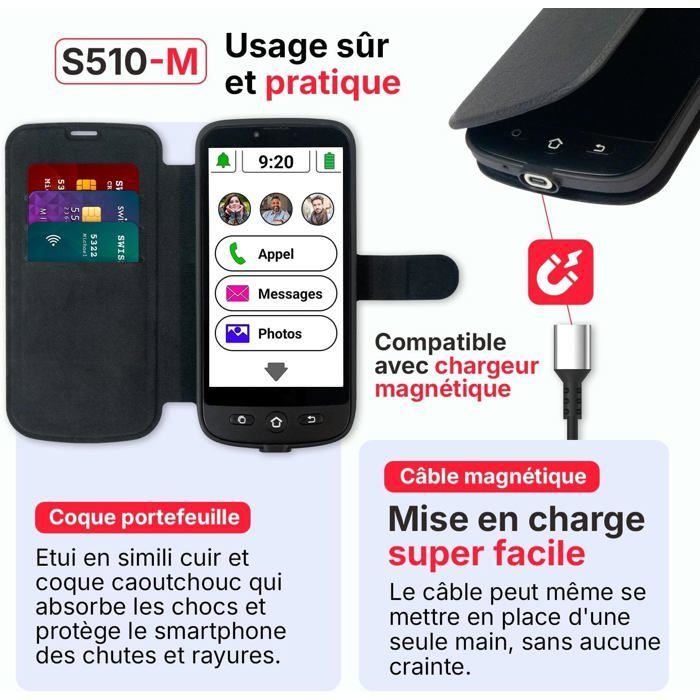 Smartphone SWISSVOICE S510-M - 4G Senior avec Câble Magnétique et Coque Portefeuille