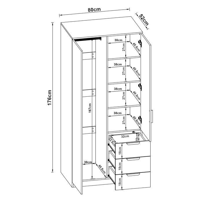Armoire de chambre Eiselfing 1 penderie 4 étagères 3 tiroirs MDF 176 x 80 x 52 cm effet chêne