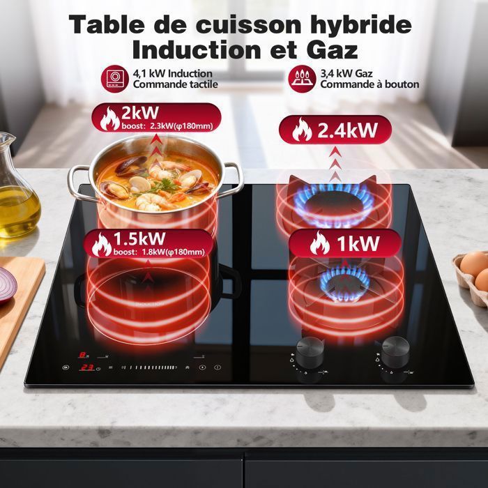 Kombiniertes Gas- und Induktionskochfeld, 59 cm breit, 3400 W Gas mit Wokbrenner, 2500 W Induktion, eingebautes schwarzes Glas, Erdgas/Flüssiggas