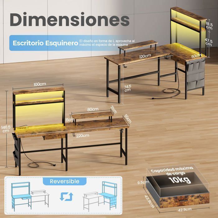 Scrivania HLONONE, 170 x 100 cm, scrivania da gaming a L con illuminazione a LED, tavolo per computer con presa di corrente e porta USB integrate, con cassetto, marrone