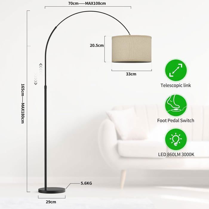 Modlicht Lampadaire Classique JASMIN 165-180 cm | Ampoule LED E27 9W incluse, Abat-jour Lin Beige, Interrupteur au pied