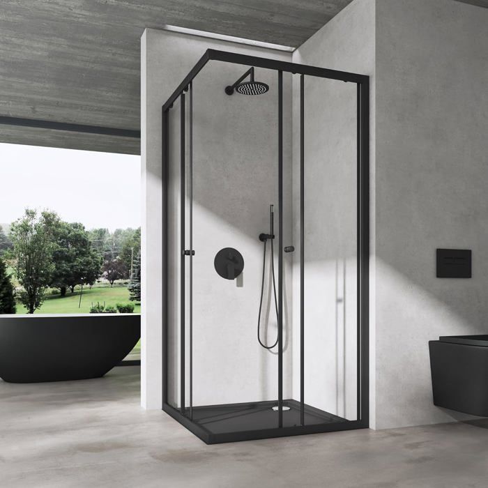 Mampara de ducha esquinera doporro de 140x90 cm con puertas correderas Ravenna16K-Plus, perfil negro.