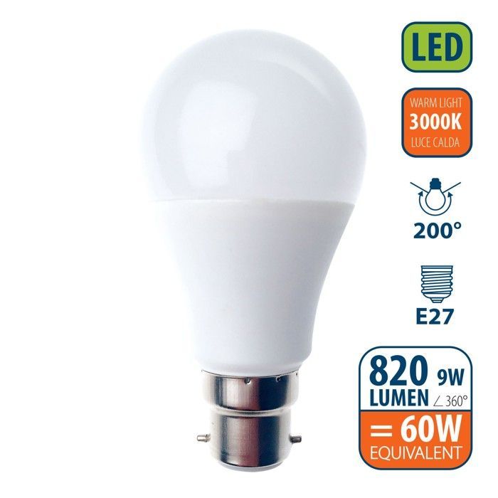 Lampadina LED SMD, standard A60, 9W / 820lm, attacco B22 (Francia), 3000K