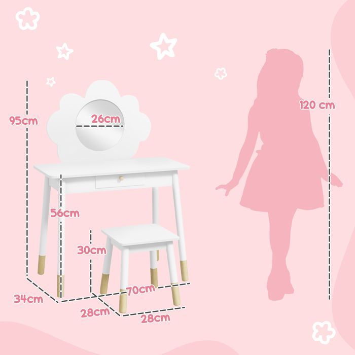 Set da trucco per bambini - AIYAPLAY - 1 sgabello, set da trucco in 2 pezzi per bambini dai 3 ai 6 anni, specchio a forma di nuvola - bianco