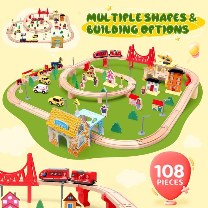 Set trenino Montessori in legno da 108 pezzi per bambini - TTLIFE - Vagone trenino per bambini, con 4 vagoni e binari, giocattolo regalo di Natale