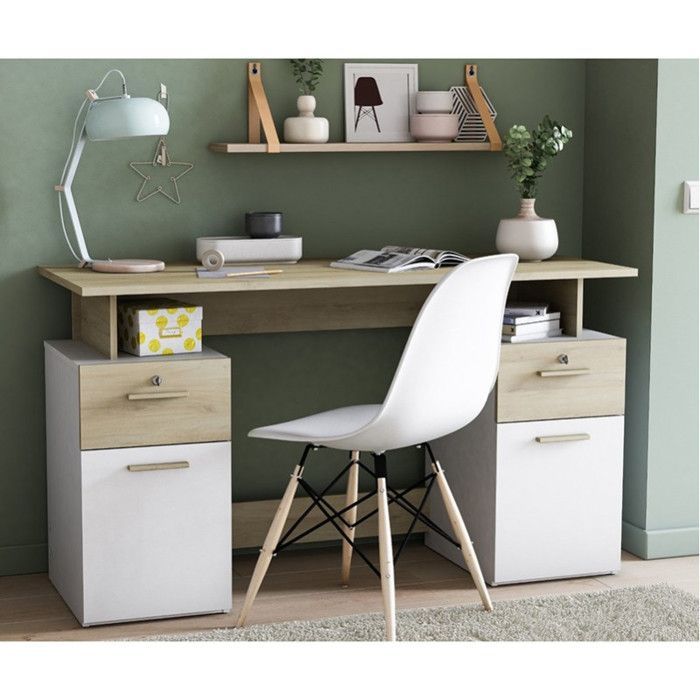 Escritorio con almacenamiento - PLATON - Roble / blanco mate - 134,8 x 55 x 76,4 cm - DEMEYRE