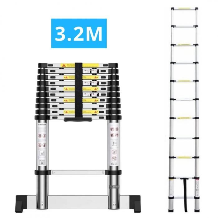 Escalera telescópica de aluminio de 11 peldaños, 3,2 m de altura, con barra estabilizadora.
