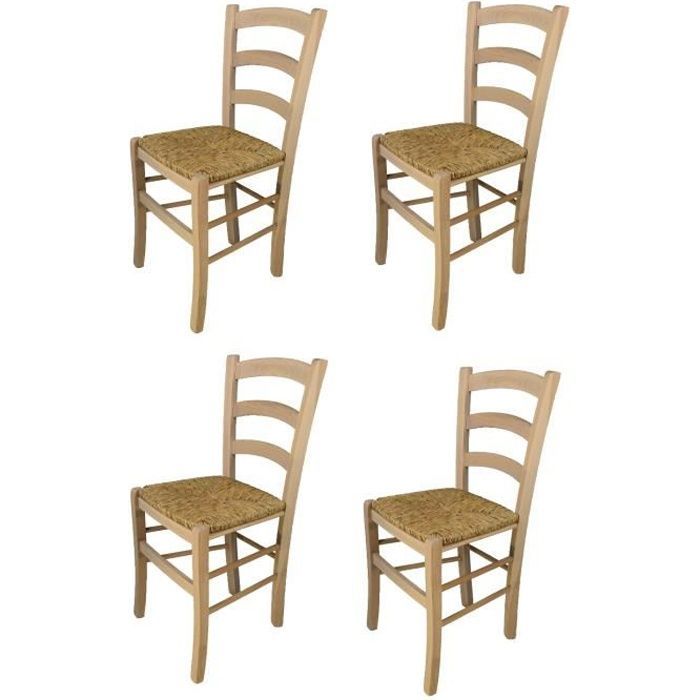 Tommychairs - Set of 4 VENEZIA kitchen chairs, sturdy frame in untreated polished beech wood, 100% natural, and straw seat