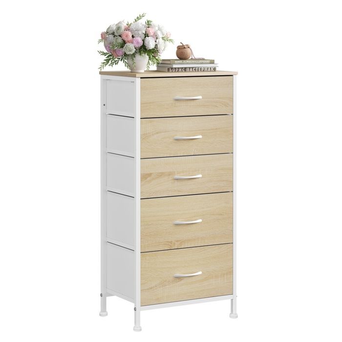 Cómoda WOLTU - Tocador con 5 cajones de tela - Mueble de MDF y metal - Roble claro + Blanco W0ITT5021