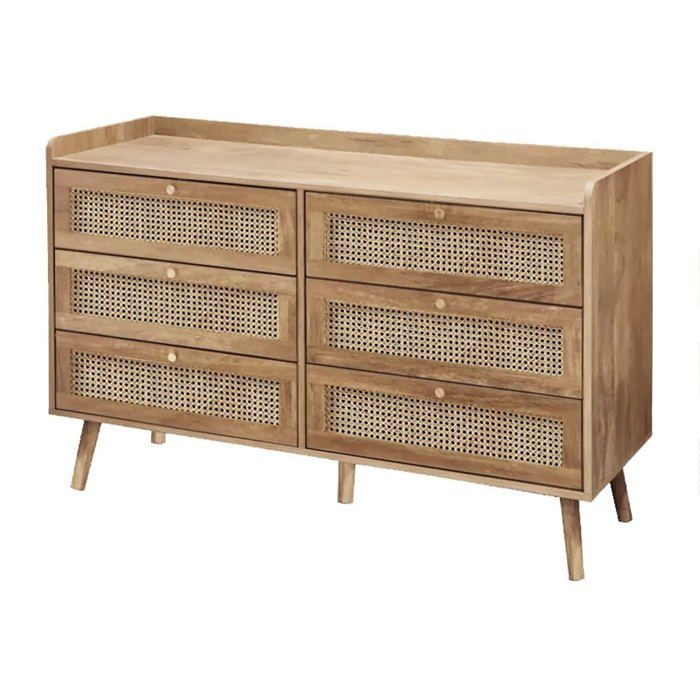 CALICOSY - Cómoda de 6 cajones con frentes de ratán natural, 120 cm de ancho, PALMO - Madera clara