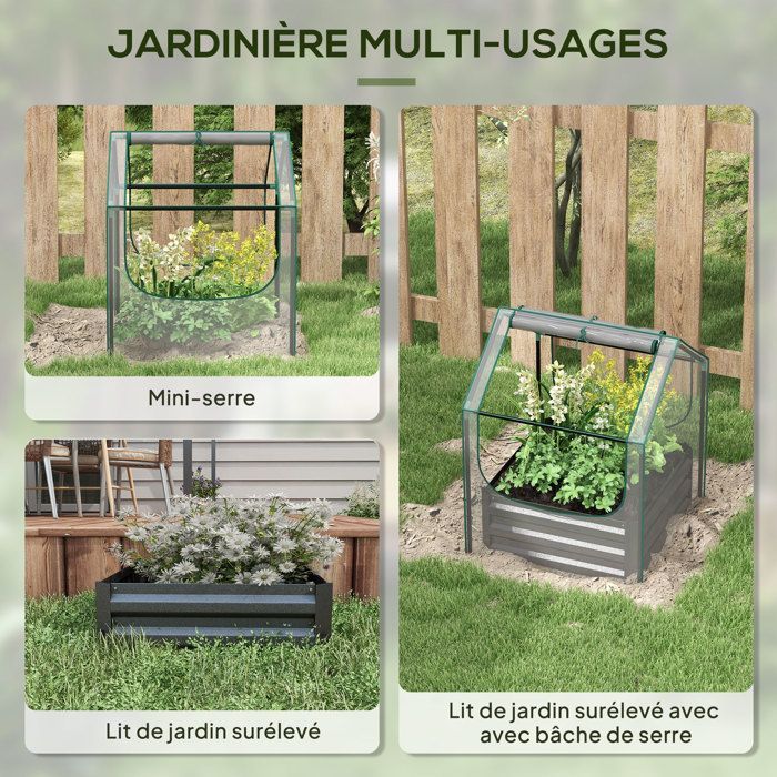 Raised garden bed with mini greenhouse - Outsunny - galvanized steel - for garden, balcony, terrace - 70 x 70 x 90 cm - dark grey