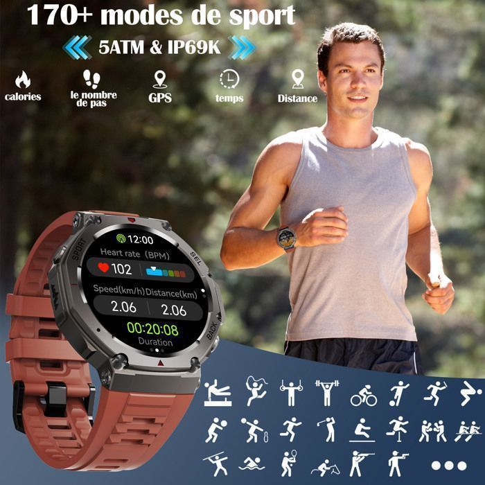 Montre connectée homme - WENZYLIQUOX - Sport - GPS intégré - Écran AMOLED 1,43