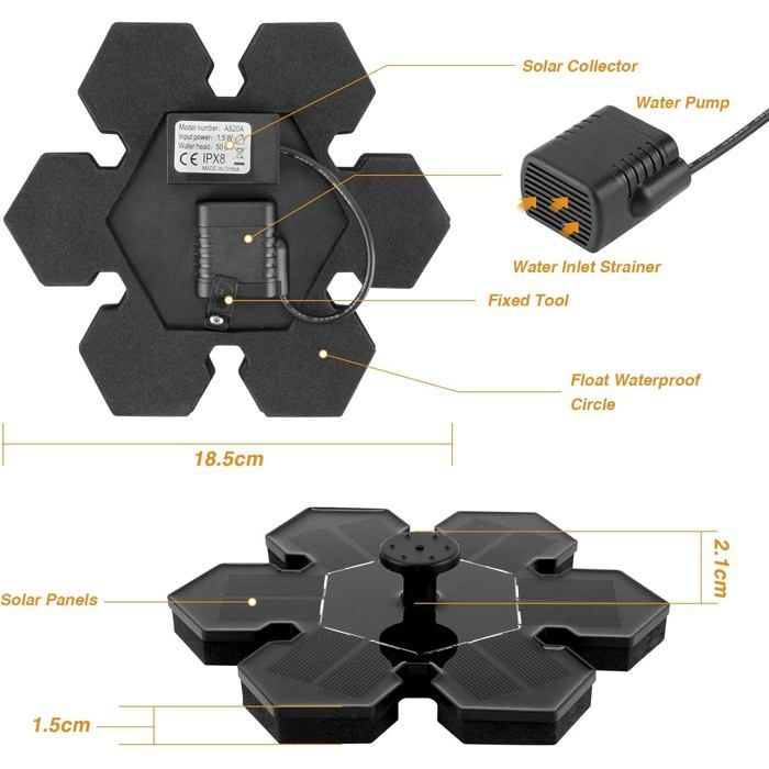 Fonte solar externa de 1,5 W, bomba de água solar, bomba solar para lago com bateria e 4 bicos, bomba solar para fonte