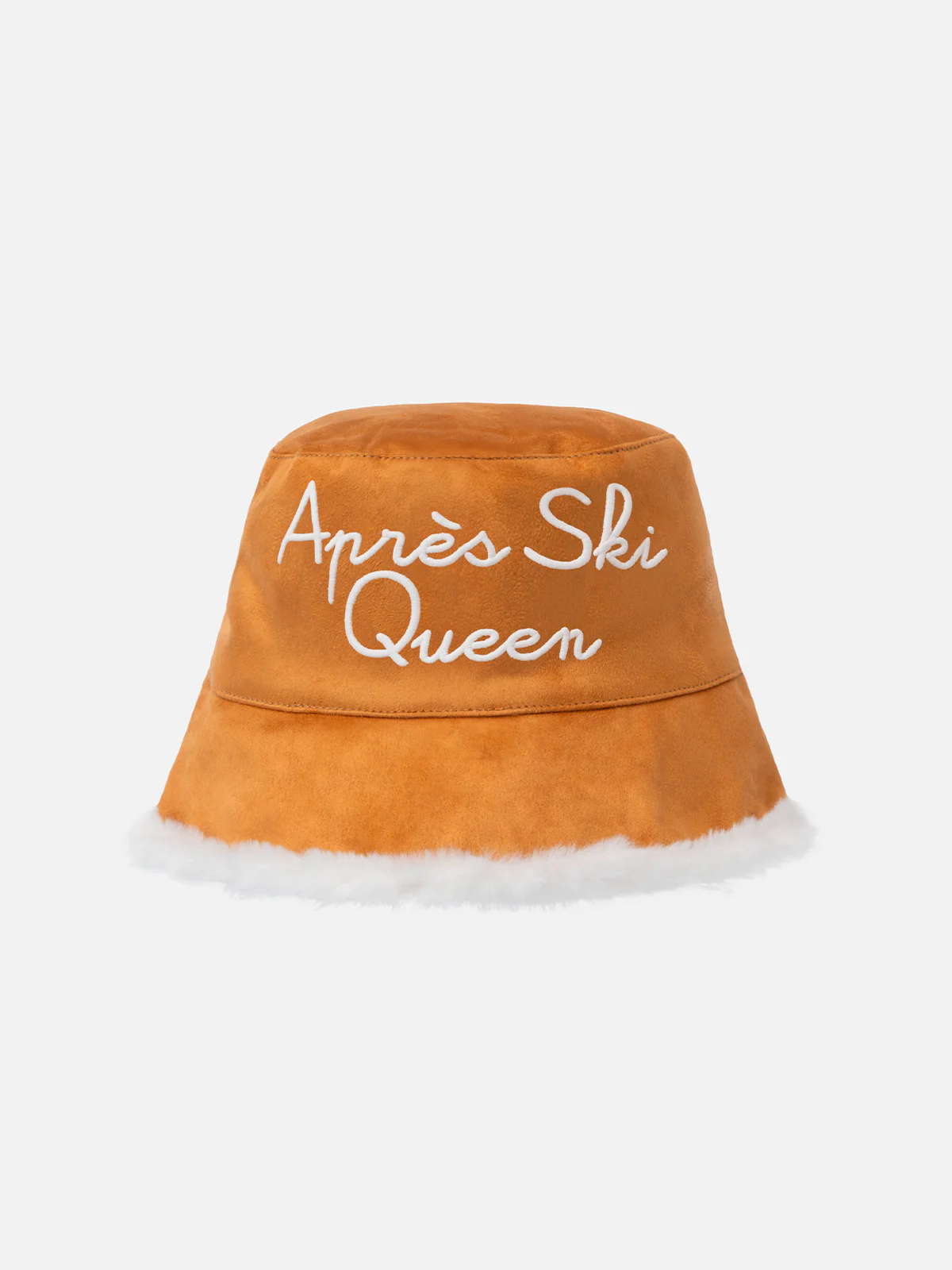 Dubbelzijdige bucket hat met Après Ski Queen-borduurwerk en details.