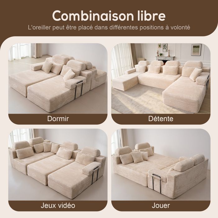 Sofá modular extragrande en forma de U con 2 chaise longues, tapizado en pana cómoda con espuma viscoelástica, no requiere montaje, color beige.