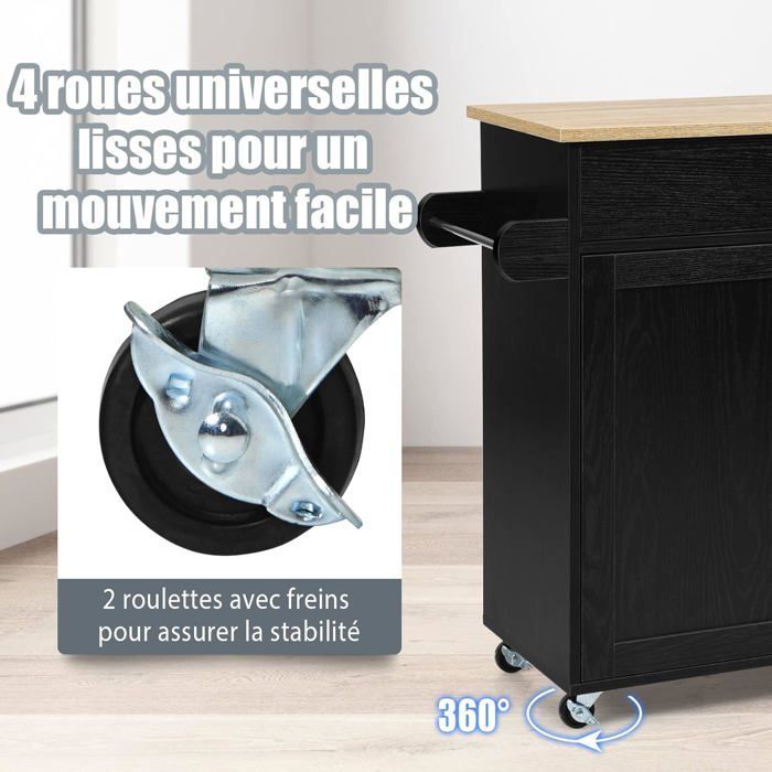 COSTWAY Desserte de Cuisine, Bîlot de Cuisine à Roulettes avec Grand Placard, Tiroir, Porte-Epices et Porte-Serviettes Noir