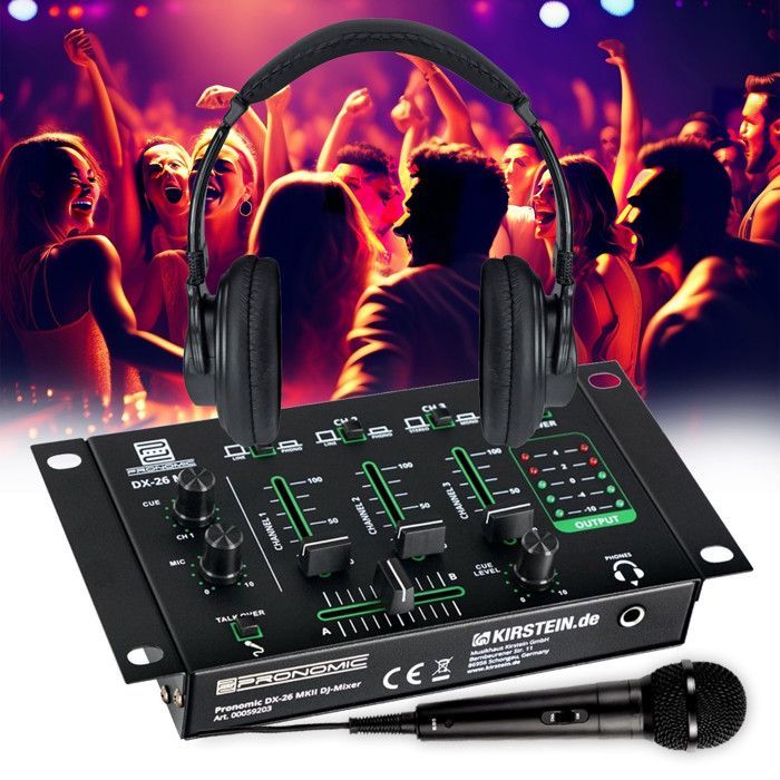 Pronomic DX-26 MKII 3-Channel Mixer - Talkover Function, Headphones and Microphone - DJ Sound System Discovery Pack