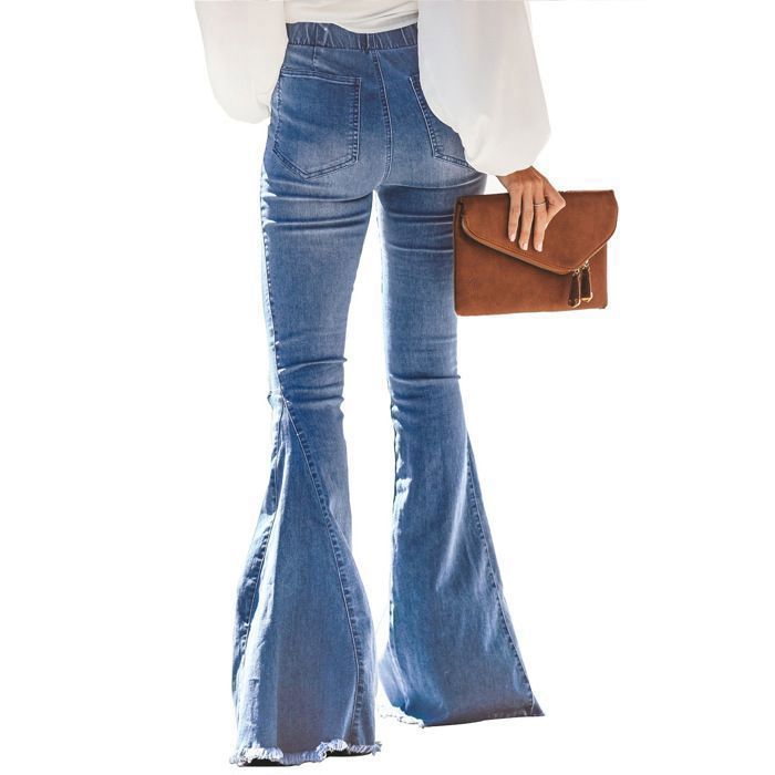 Pantalones vaqueros acampanados elásticos de talle alto con flecos para mujer de FUNMOON
