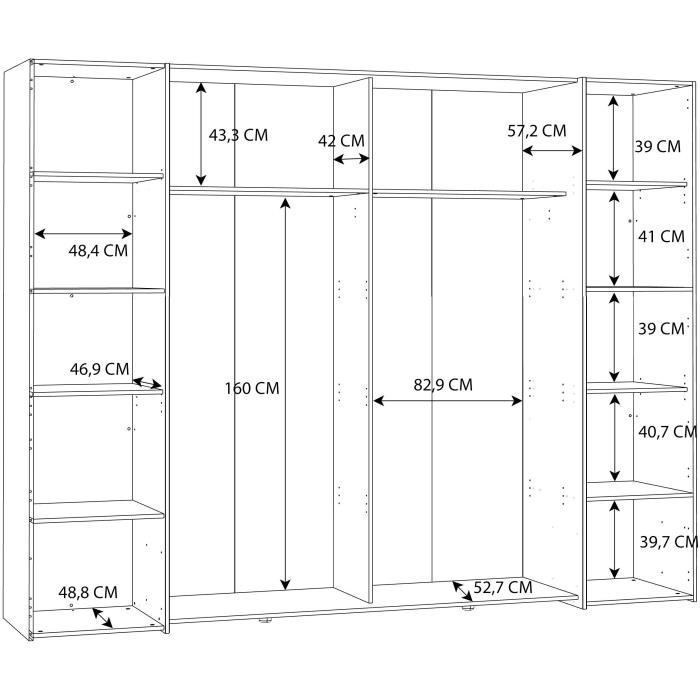 Armario NARAGO - Acabado en nogal Bakersfield y gris - 2 puertas correderas + 2 puertas batientes - 270 x 61 x 210 cm (ancho x profundidad x alto)