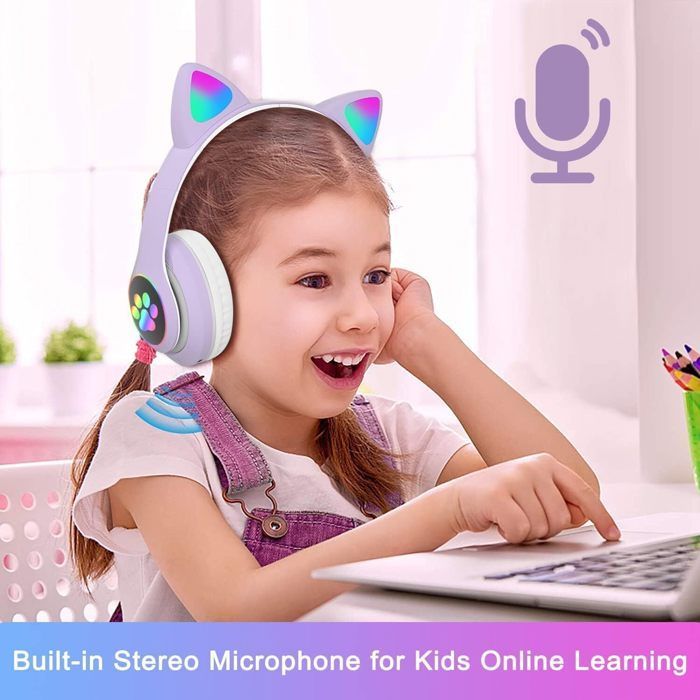 Casque Bluetooth Enfants - Mignon - Oreilles de Chat - LED Multicolores - Son Stéréo - Rechargeable