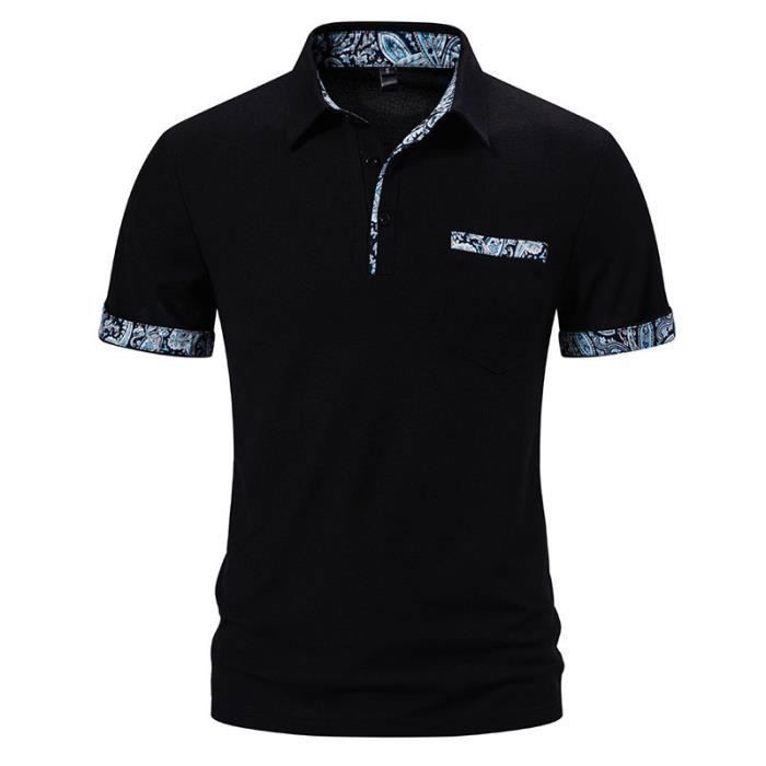 Polo da uomo INSFITY - Colletto con motivo paisley - Maniche corte - Nera