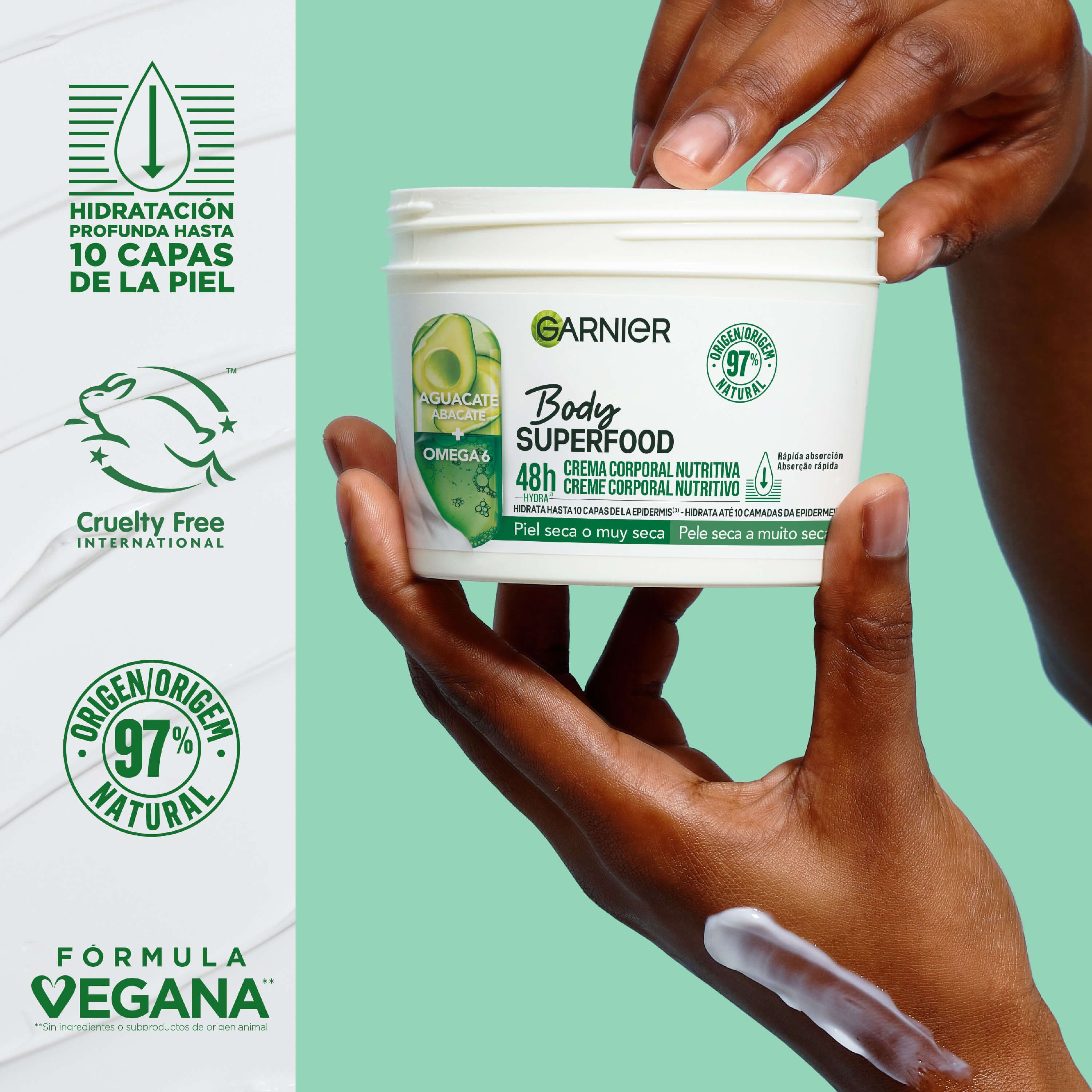 Maitinamasis kūno kremas „Body Superfood“ su avokadu ir omega 6. Kūno pienelis ir kūno losjonai.