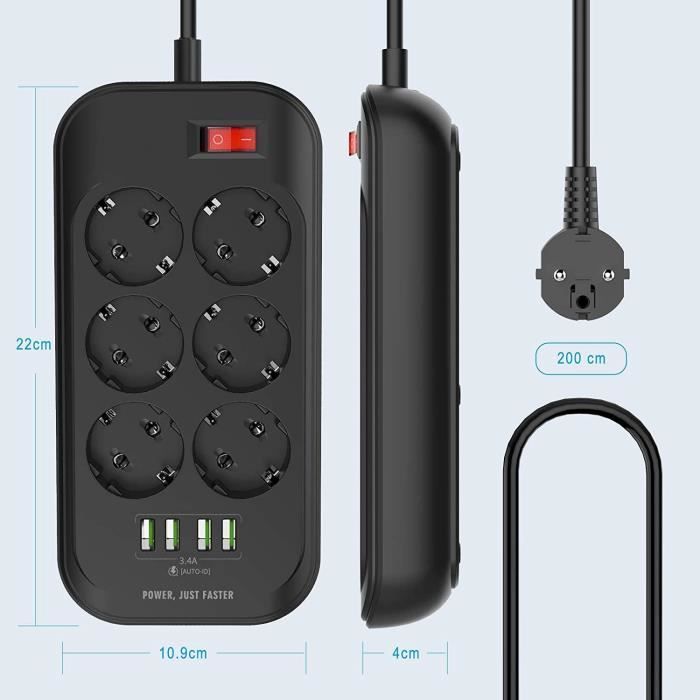 Regleta USB AUDBURN - 6 tomas de corriente - 4 puertos USB - Protección contra sobretensiones