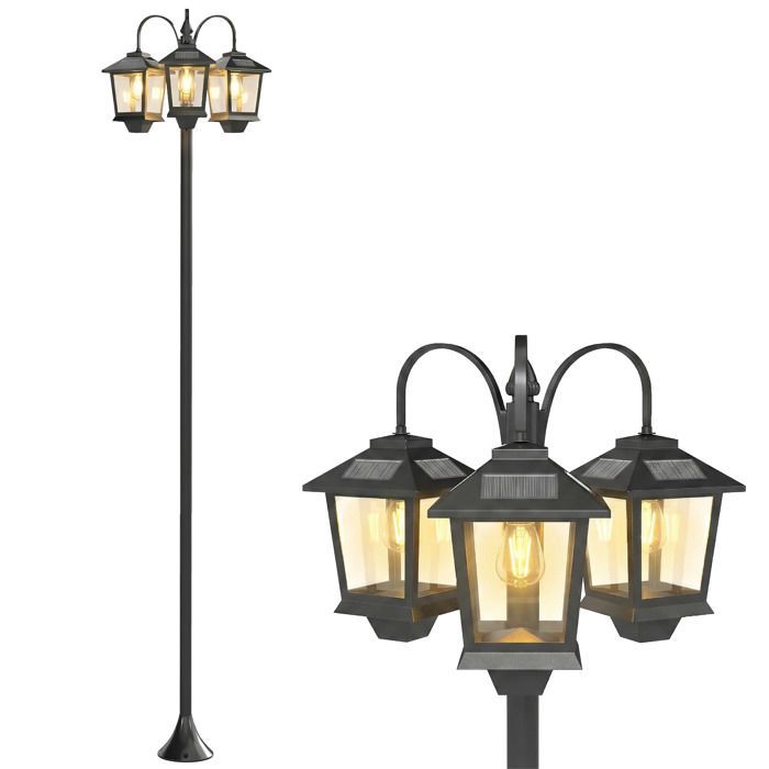 Lámpara de pie solar para exteriores Outsunny - 3 cabezales - Sensor automático crepuscular - IP44 - Aluminio - 188 cm - Negra