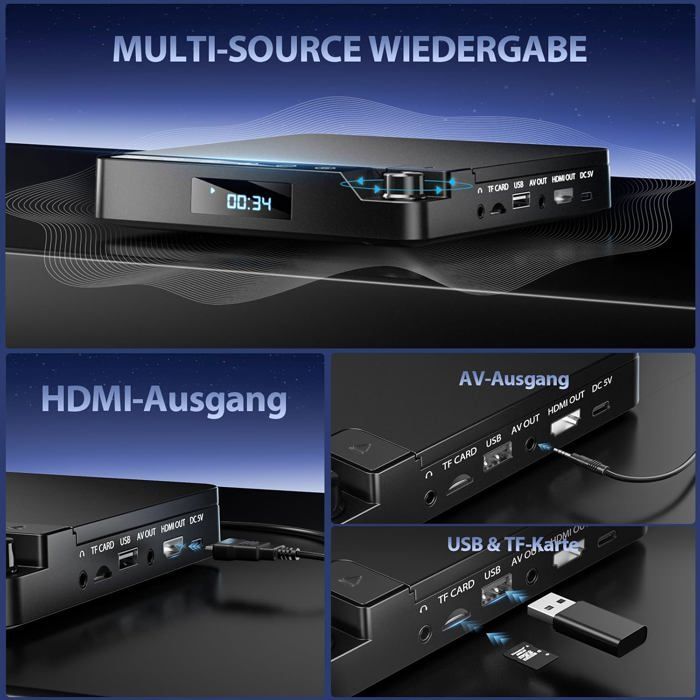 Lecteur DVD pour TV 1080P, Lecteur DVD HDMI/AV et USB/Carte TF, Câble et Télécommande, Mini CD Player Couverture multizone