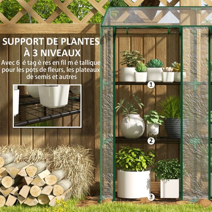Serre de jardin - Outsunny - avec étagères 3 niveaux bâche renforcée 140 g/m² 2 portes zippées - acier - 143x46x51cm