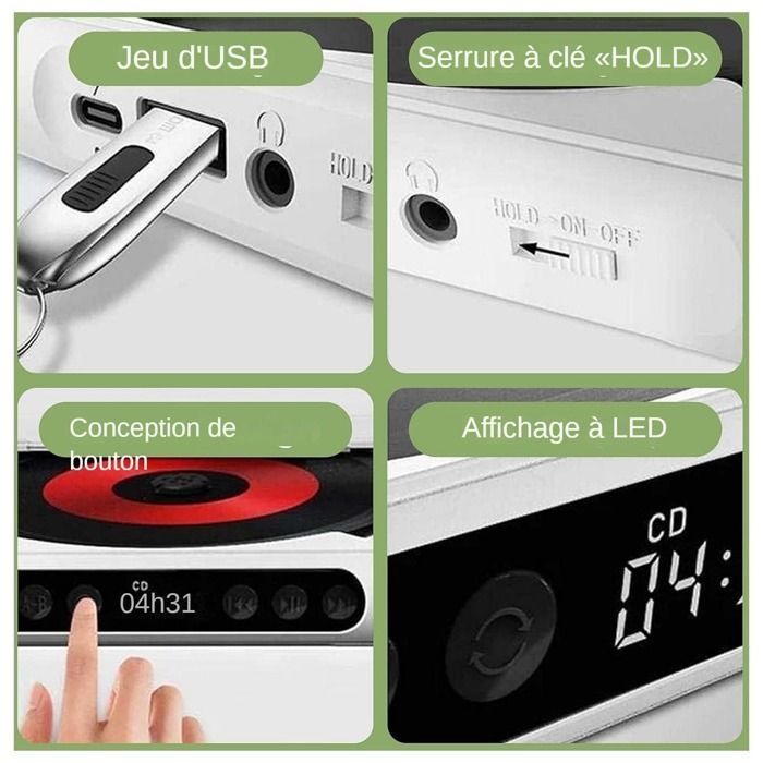 Portable Bluetooth CD Player, USB Type-C Rechargeable with Speaker, MP3/WMA Playback, and LED Screen