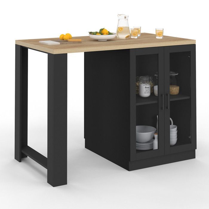 IDMARKET Ilot central LINO 120 cm 2 personnes bois noir avec plan de travail façon hêtre et portes vitrées