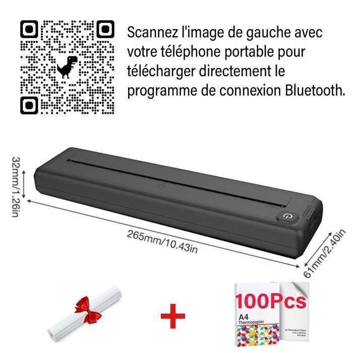 Stampante Bluetooth con 100 fogli di carta A4 (210 x 297 mm), stampante termica, compatibile con Android, iOS e Windows.