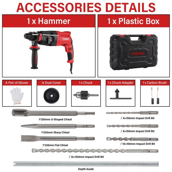 Marteau perforateur - TEENO - TEENO - 950W - 0-1150 tr/min - 17 accessoires