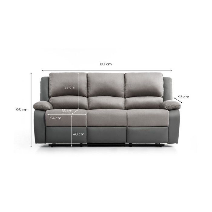 Sofá reclinável LEO de 3 lugares em microfibra e couro sintético - Cinza e preto - L193 x P93 x A96cm - LOUNGITUDE