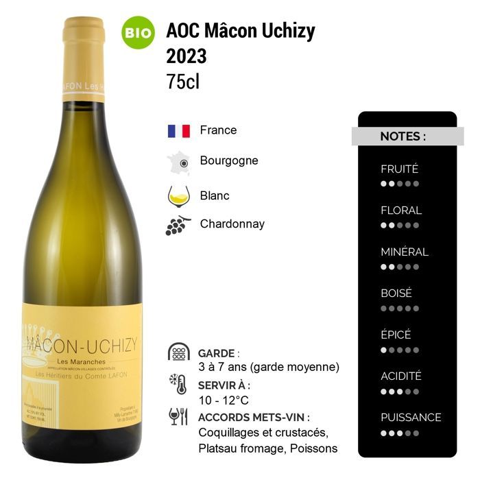 Les Héritiers du Comte Lafon Mâcon Uchizy Les Maranches 2023 - Vin Blanc de Bourgogne (3x75cl) BIO