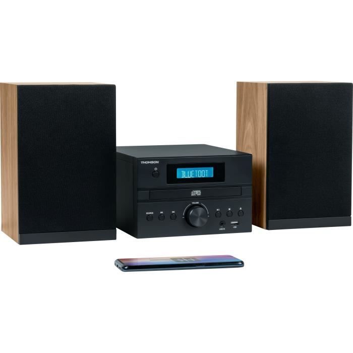 Sistema micro Hi-Fi Bluetooth - THOMSON - Legno/Nero - Radio FM/CD/MP3/USB, 20W RMS, sintonizzatore FM RDS, jack per cuffie, telecomando, alimentatore 230V