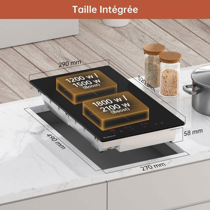 Placa de indução Gudsunal Domino, 2 queimadores integrados, 3600 W, aquecimento de baixa potência, função Boost, 9 níveis de potência.