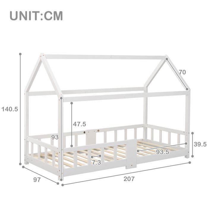 Cama infantil, cama con forma de casita de 90 x 200 cm, cama de madera para habitación infantil con estante, somier de láminas y protección contra...