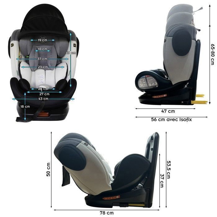 ZELI Siège-auto évolutif i-Size pivotant 360° enfants de 40 à 150 cm 0-36 kg Isofix Top Tether Gris sans canopy