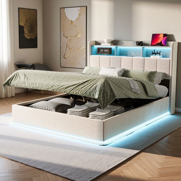Cama con almacenamiento de 160x200 cm - Iluminación LED RGB - Puerto USB Tipo-C - Terciopelo blanco - Estilo moderno