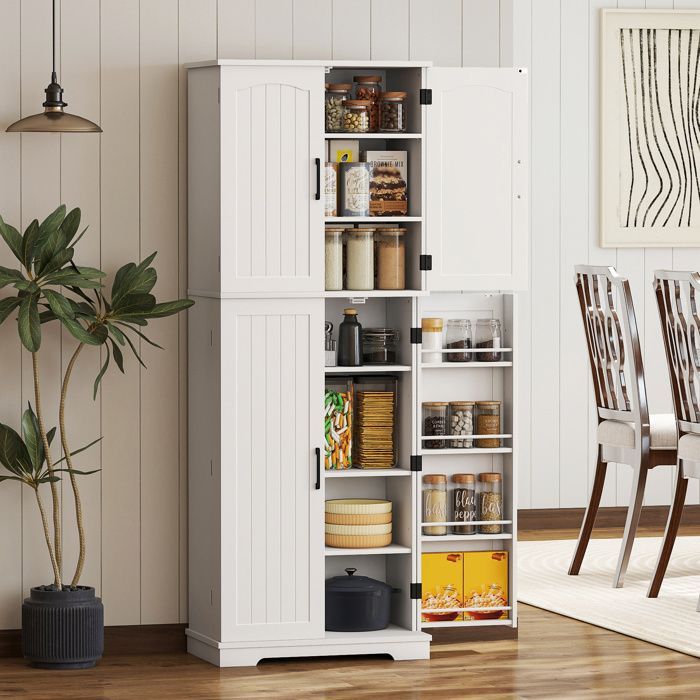 Aparador alto de cocina - HOMCOM - 4 puertas, 10 compartimentos, 8 especieros y estantes ajustables - MDF - 60x35x162cm - blanco