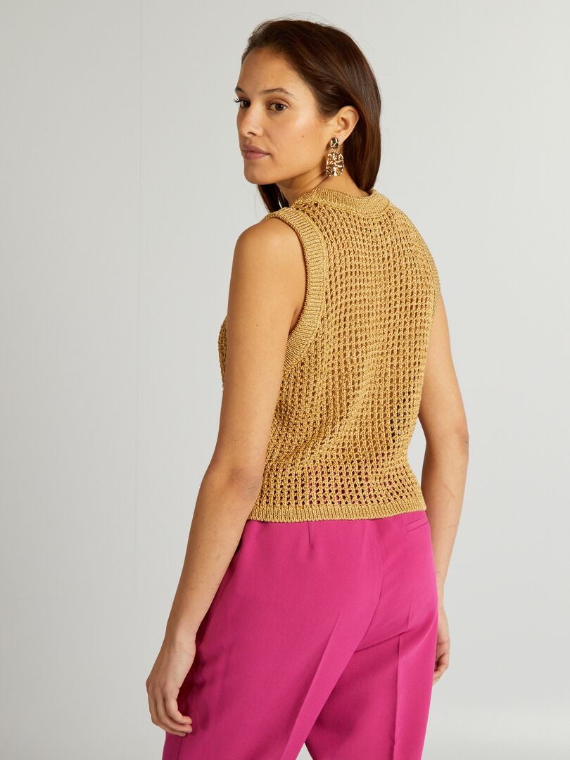 Gehaakte mouwloze cropped trui - GEEL