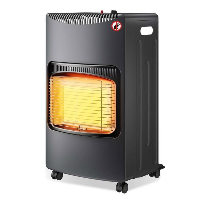 Calefactor de gas infrarrojo Wiltec, negro, 7,5 kg, 3 niveles de potencia (1,4 kW-4,2 kW), plegable, 420 x 450 x 757 mm, con encendido piezoeléctrico.