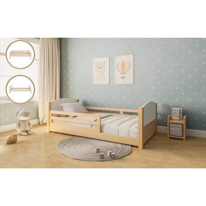 Cama infantil convertible de 90x190 cm - Cama de madera 3 en 1 - Altura del colchón ajustable - Barandillas laterales extraíbles - Inteligente y económica