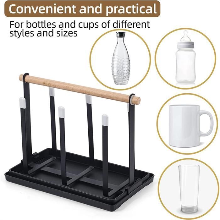 Estante para botellas, escurridor de platos, 6 soportes para botellas, soporte metálico para vasos con escurridor y secador de botellas para