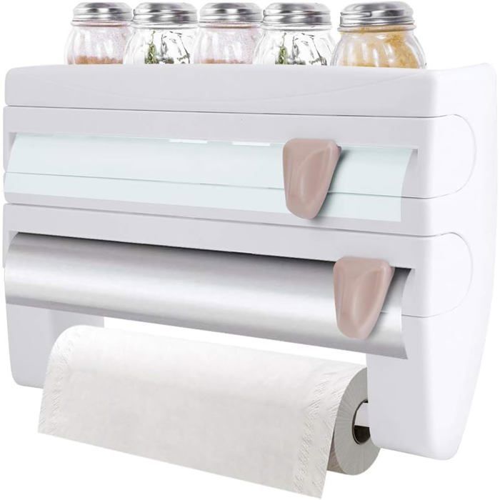 Wandgemonteerde rolhouder voor huishoudfolie en keukenpapier, met foliesnijder, wit